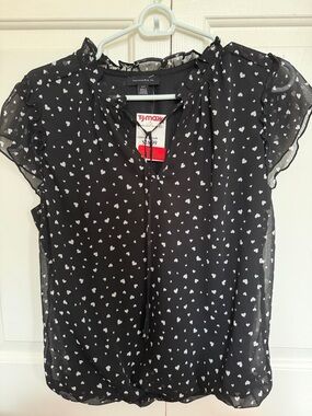 Black Heart-Print Tie-Front Sheer Blouse